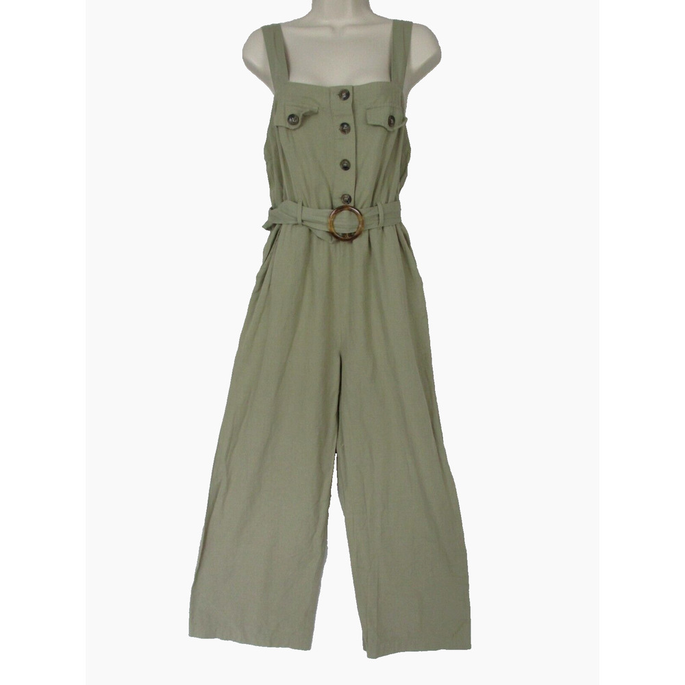 Japna Jumpsuit Women Medium Tan Linen Blend Wide Leg Crop Strappy Pockets Retro